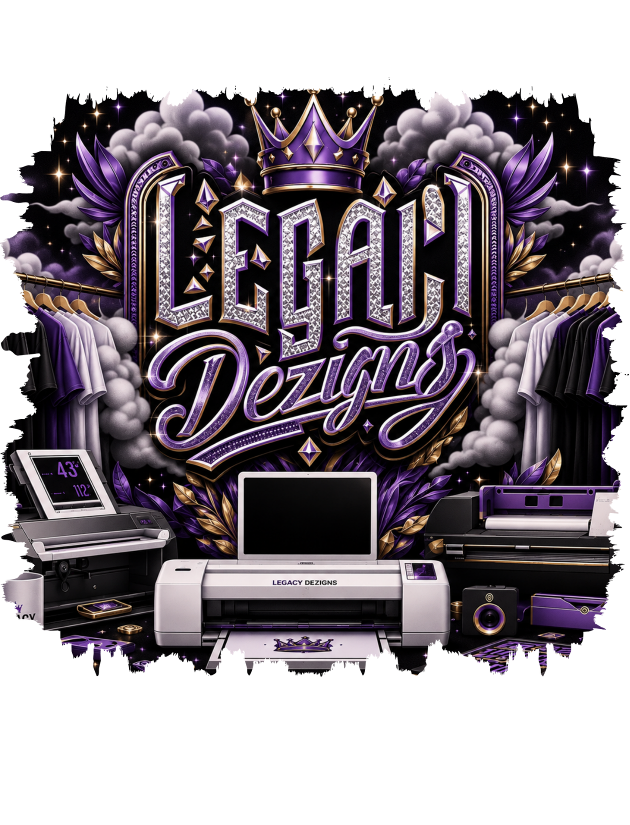 Legaci Dezigns crown logo surrounded by apparel and custom printing equipment